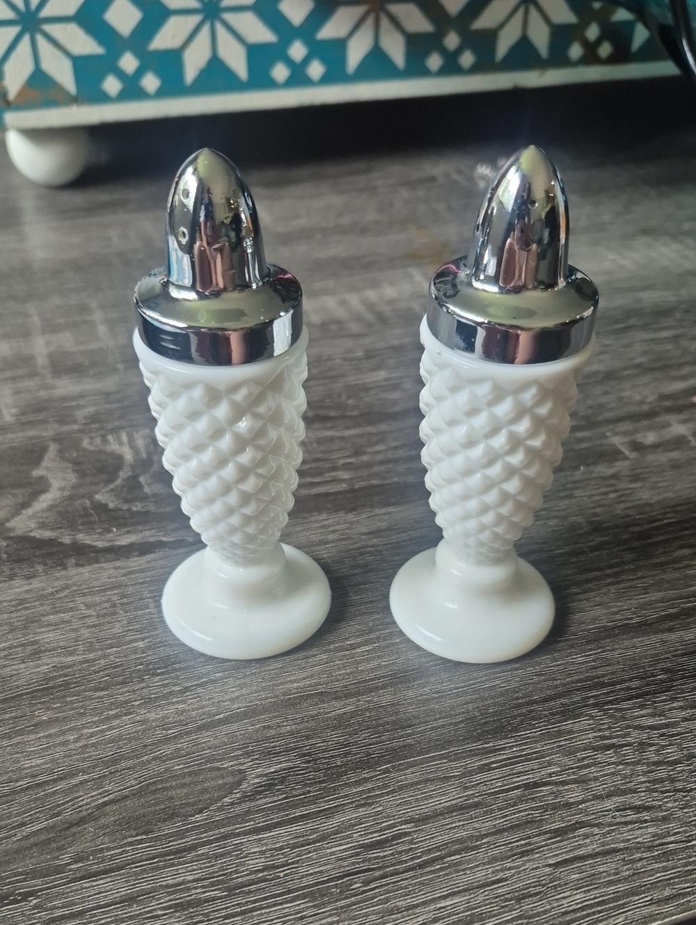 Vintage White Milk Glass Salt and Pepper Shakers with Silver Tops